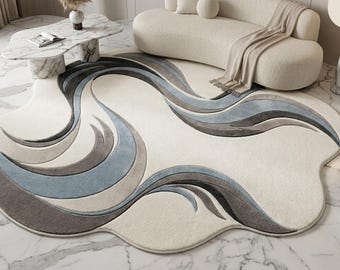 Tapis 3D irrégulier à vagues abstraites | Sculpté blanc et bleu tufté à la main | Carpette moderne de forme libre à effet nuageux | Josh et ses fils