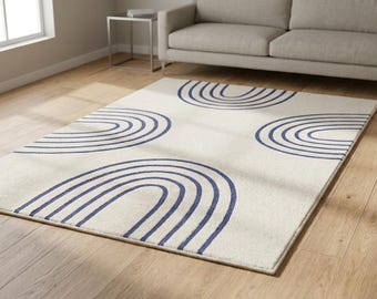 Tapis arches abstrait minimaliste | Tapis moderne bleu et blanc tufté à la main | Carpette géométrique rectangulaire de style scandinave | Josh et ses fils
