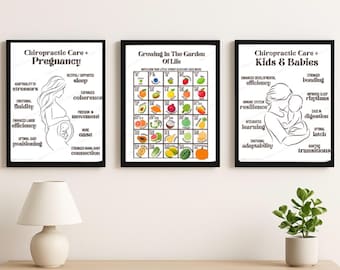 Paquete de pósteres en blanco y negro sobre atención quiropráctica: embarazo, niños y bebés, tabla de tallas para bebés / Arte mural para consultorios quiroprácticos