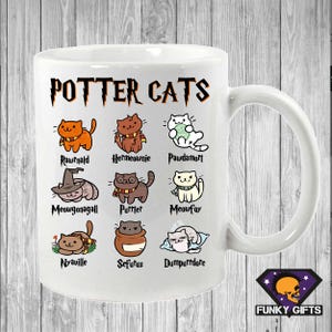 May include: White ceramic mug with the text "POTTER CATS" and cartoon cat illustrations. Each cat is designed to resemble a character from the Harry Potter series, with names such as "Rawrnald" and "Hermewonie". The mug has a curved handle and a "FUNKY GIFTS" logo.