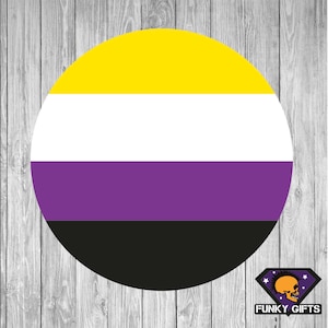 May include: A circular sticker featuring the non-binary pride flag. The flag has four horizontal stripes: yellow, white, purple, and black.