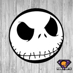May include: Black and white illustration of Jack Skellington's face from the film The Nightmare Before Christmas. The face is shown with a stitched mouth and a menacing expression.