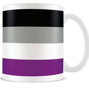 May include: White ceramic mug featuring a black, grey, white and purple striped design. The stripes represent the asexual pride flag.
