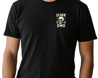 May include: Black t-shirt with a small graphic on the upper left chest. The graphic features a skull with red eyes, lightning bolts, and the words "ELDER EMO" in white. The design includes a checkered pattern.