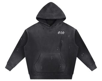 Sweat à capuche vintage grisé effiloché lavé, streetwear inspiré du G59, sweat à capuche style Suicideboys, sweat à capuche unisexe effet vieilli, esthétique rap underground