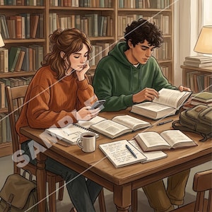 Op de afbeelding: Illustratie van twee mensen die in een bibliotheek studeren. E&eacute;n persoon gebruikt een smartphone, de ander leest een boek. Boeken, notitieboekjes, een mok en een rugzak liggen op de houten tafel. De achtergrond toont boekenkasten.