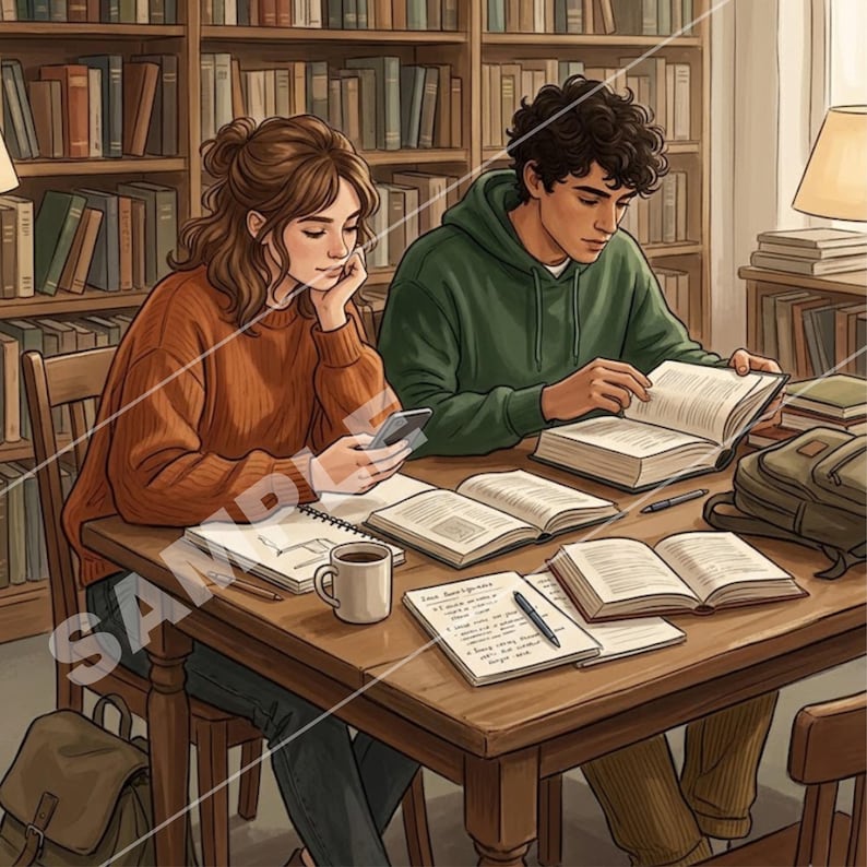 Op de afbeelding: Illustratie van twee mensen die in een bibliotheek studeren. E&eacute;n persoon gebruikt een smartphone, de ander leest een boek. Boeken, notitieboekjes, een mok en een rugzak liggen op de houten tafel. De achtergrond toont boekenkasten.