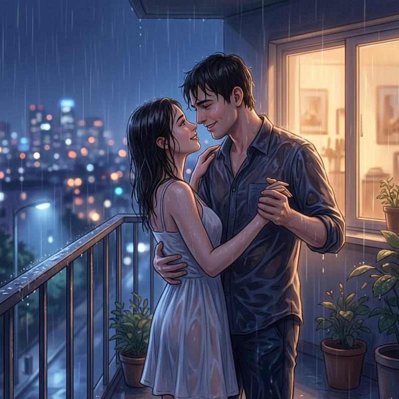 Op de afbeelding: Illustratie van een stel dat danst op een balkon in de regen. De vrouw draagt een witte jurk en de man een donker overhemd. Stadslichten zijn zichtbaar op de achtergrond en er staan potplanten op het balkon.