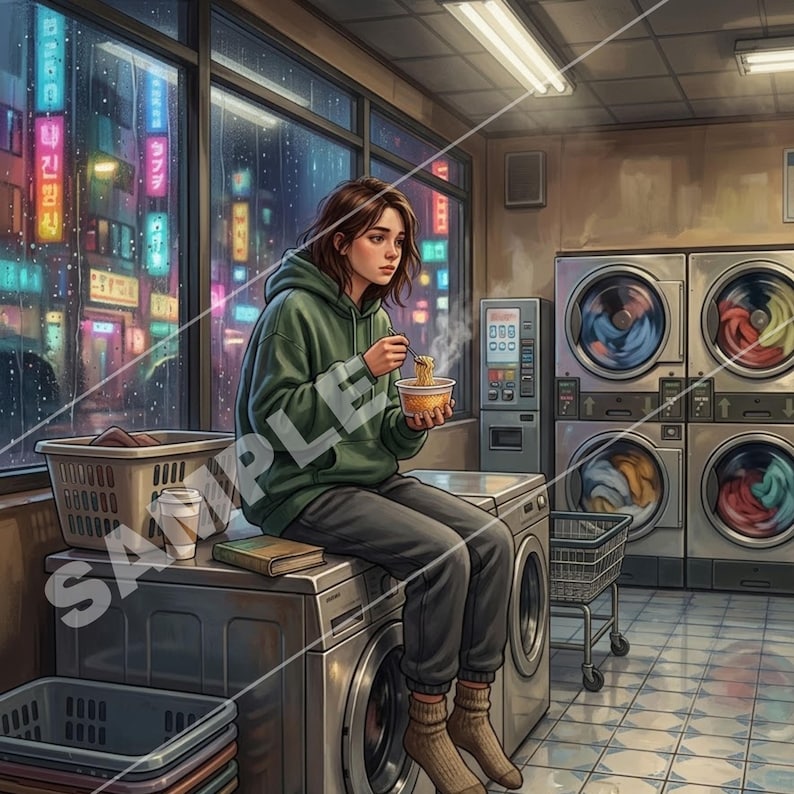 Op de afbeelding: Illustratie van een persoon in een groene hoodie en grijze broek die noedels eet in een wasserette. De persoon zit op een wasmachine. De achtergrond toont een regenachtige nachtsc&egrave;ne met neonreclame.