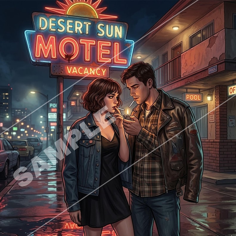 Op de afbeelding: Digitale illustratie van een stel voor een motel 's nachts. Het neonbord leest "Desert Sun Motel" met "Vacancy" weergegeven. Het stel steekt een sigaret aan. De sc&egrave;ne speelt zich af op een natte straat met auto's en gebouwen.