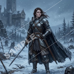 Op de afbeelding: Illustratie van een krijger in zilveren harnas, een donkere cape en een zwaard, in een besneeuwd landschap. Een kasteel en bos zijn op de achtergrond te zien. De krijger kijkt opzij met een vastberaden uitdrukking.
