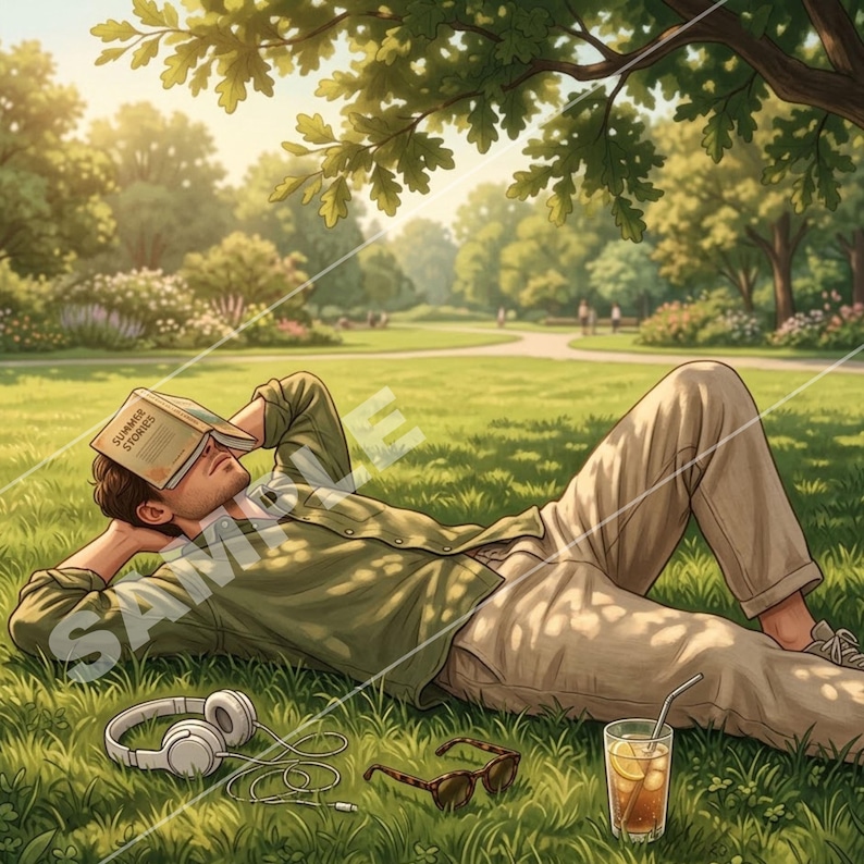 Op de afbeelding: Illustratie van een persoon die ontspant in een park, liggend op het gras onder een boom. De persoon heeft een boek over zijn gezicht, met de titel "Summer Stories" zichtbaar. Een koptelefoon, zonnebril en een glas ijsthee liggen in de buurt.