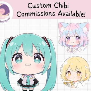 May include: Digital illustration featuring three chibi characters with large eyes and colorful hair. The main character has teal pigtails and a black and white outfit. The text "Custom Chibi Commissions Available!" is at the top.