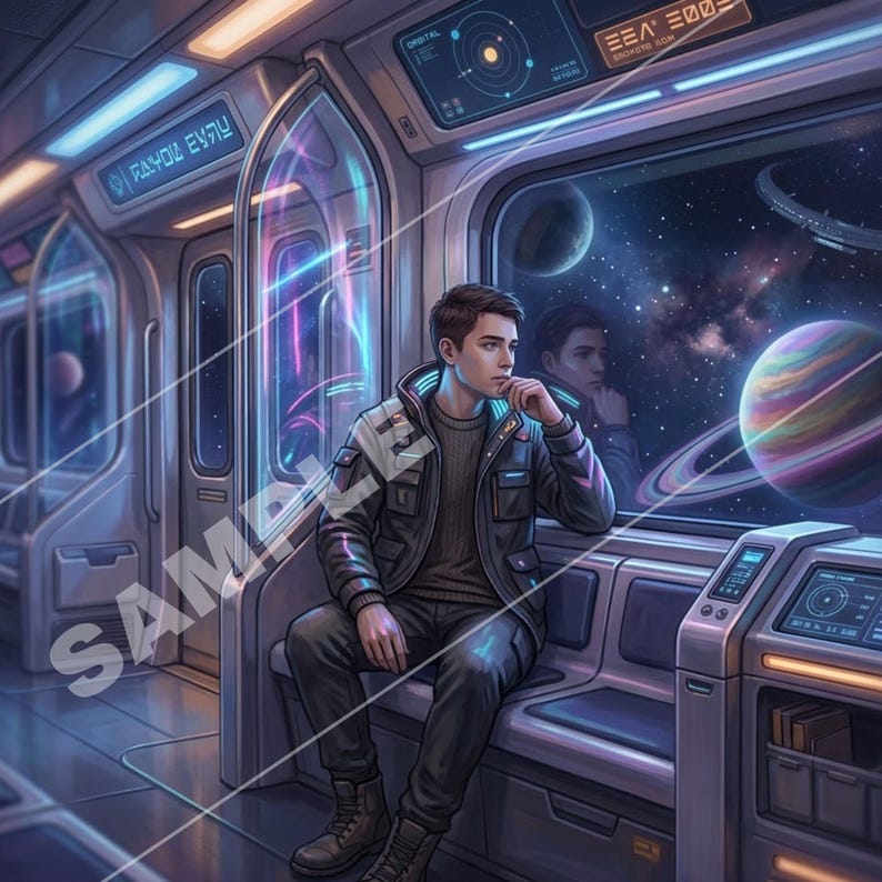 Op de afbeelding: Digitale illustratie van een persoon in een futuristische treinwagon, die door een raam naar een levendige ruimtesc&egrave;ne kijkt met planeten en een planeet met ringen. Het interieur heeft neonlichten en digitale displays.