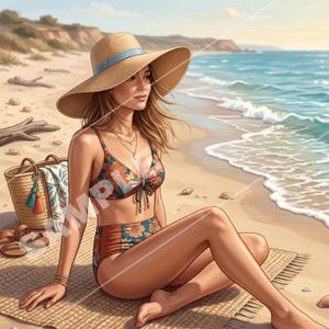 Op de afbeelding: Illustratie van een vrouw op een strand met een bloemenbikini en een breedgerande strohoed met een blauw lint. Een geweven mand, handdoek en sandalen zijn in de buurt. De oceaan en een zandstrand zijn op de achtergrond.