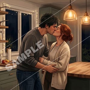 Op de afbeelding: Illustratie van een kussend stel in een keuken. De man draagt een grijze trui en een blauwe jeans, de vrouw een cr&egrave;mekleurig vest. De keuken heeft hanglampen en een raam met lichtslingers, wat een warme sfeer cre&euml;ert.