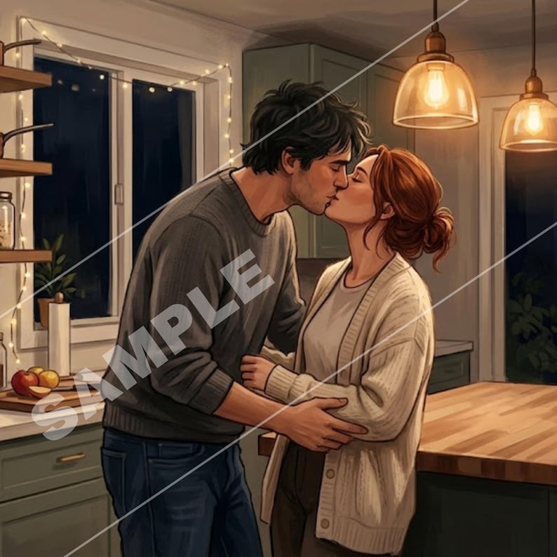 Op de afbeelding: Illustratie van een kussend stel in een keuken. De man draagt een grijze trui en een blauwe jeans, de vrouw een cr&egrave;mekleurig vest. De keuken heeft hanglampen en een raam met lichtslingers, wat een warme sfeer cre&euml;ert.