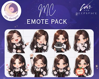 May include: A digital art pack featuring eight anime-style emotes. Each emote showcases a character with long brown hair, wearing a black and white outfit, and expressing different emotions. The pack includes the text "MC EMOTE PACK" and "Love and Deepspace".