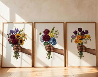 Set of 3 Floral Poster Prints Hand Holding Flowers Botanical Wall Art Unframed Living Room Decor Spring Bouquet Gift