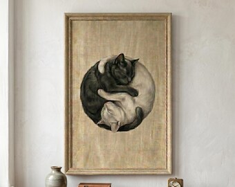 Yin Yang Cat Wall Art Black and White Cats Print Vintage Poster Home Decor Living Room Unframed Art Print Gift For Her