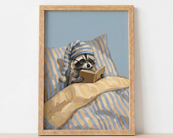 Funny Raccoon Reading Book Poster Cozy Bedroom Wall Art Whimsical Animal Print Nursery Decor Unframed Gift