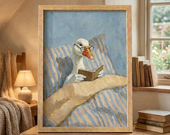 Funny Goose Reading Book Poster Impressionist Animal Art Cozy Wall Art Book Lover Gift Unframed Print