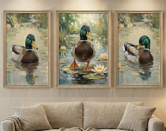 Set of 3 Mallard Duck Wall Art Prints Impressionist Poster Living Room Decor Unframed Art Print Vintage Home Decor Gift For Him