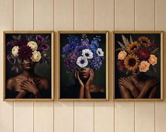 Set of 3 Black Woman Floral Wall Art Prints African American Poster Moody Botanical Print Living Room Decor Unframed Art Print Gift For Her