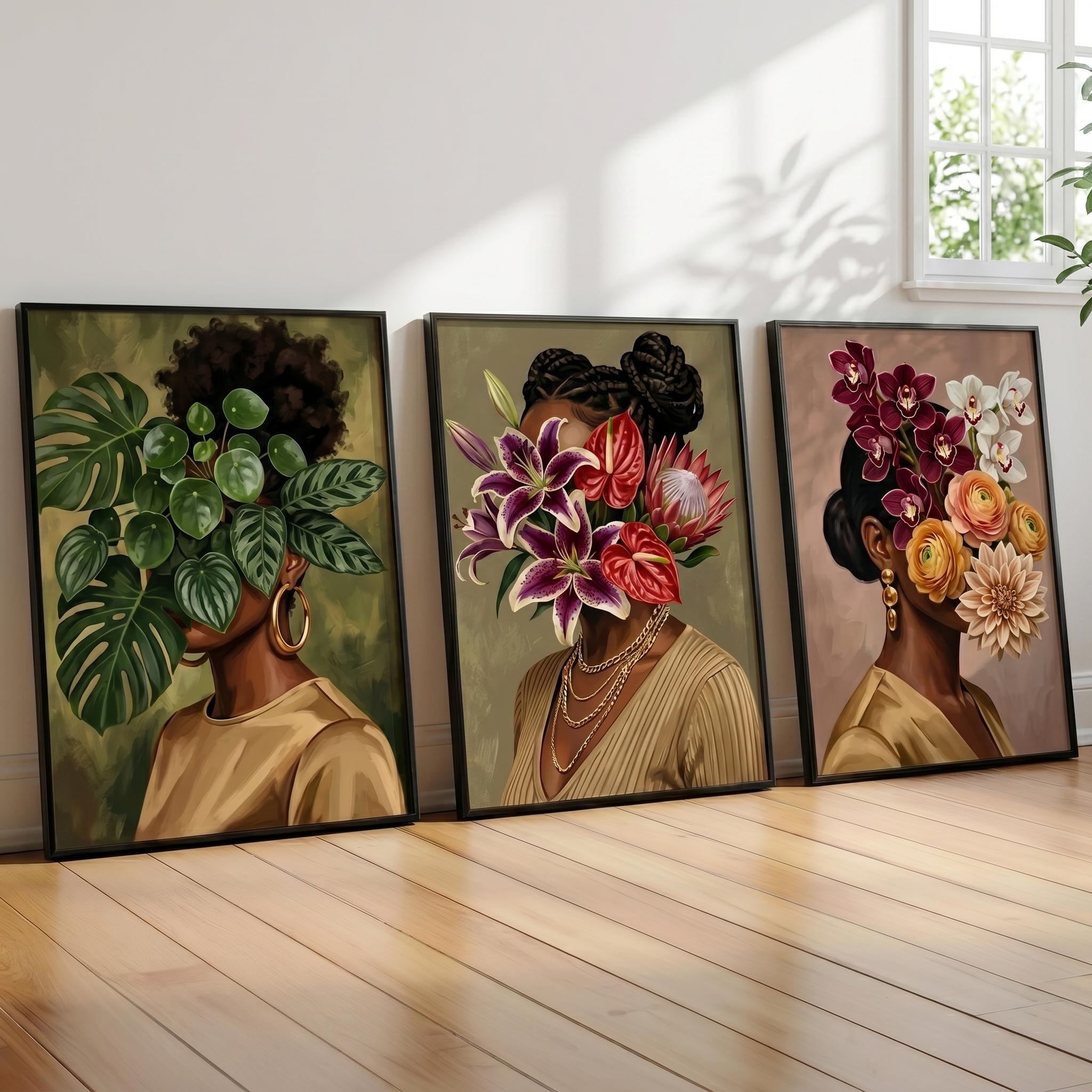 Set of 3 Black Woman Floral Wall Art Tropical Botanical Print African ...