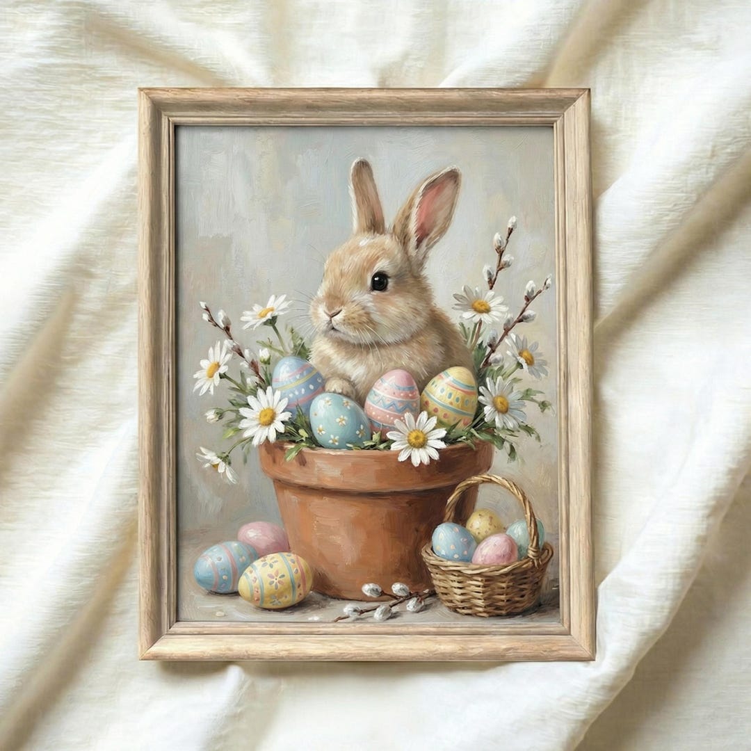 Vintage Easter Bunny Wall Art, Floral Rabbit Print, Neutral Spring ...