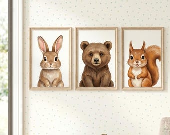 Set of 3 Woodland Animal Wall Art Prints Unframed Poster Nursery Decor Bear Bunny Squirrel Art Print Kids Bedroom Wall Art Gallery Wall