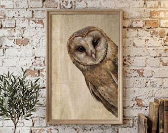 Peeking Barn Owl Wall Art Print Bird Poster Rustic Home Decor Living Room Unframed Art Print Woodland Animal Gift For Him