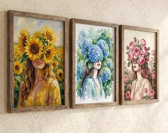 Set of 3 Floral Wall Art Prints Unframed Botanical Woman Poster Sunflower Hydrangea Rose Living Room Decor Gallery Wall Gift For Her