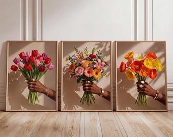 Set of 3 Hands Holding Flowers Poster Floral Wall Art African American Print Living Room Decor Unframed Art Print Gift For Her