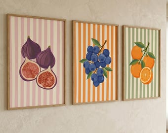 Set of 3 Fruit Wall Art Prints Retro Poster Kitchen Decor Dining Room Gallery Wall Unframed Art Print Vintage Home Decor Gift For Her