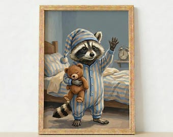 Cute Raccoon in Pajamas Poster Funny Animal Wall Art Nursery Decor Whimsical Bedroom Print Unframed Gift