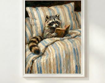 Impressionist Raccoon Reading Poster Vintage Animal Wall Art Cozy Book Lover Gift Unframed Print