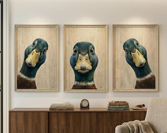 Set of 3 Funny Mallard Duck Wall Art Prints Vintage Animal Poster Rustic Home Decor Living Room Unframed Art Print Gift For Him