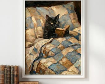 Black Cat Reading Book Poster Impressionist Wall Art Cozy Book Lover Gift Dark Academia Unframed Print