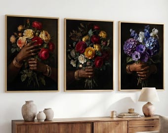 Set of 3 Dark Floral Poster Hands Holding Flowers Moody Botanical African American Wall Art Unframed