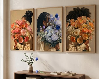 Set of 3 Black Woman Floral Wall Art Prints African American Poster Living Room Decor Gallery Wall Unframed Art Print Gift For Her