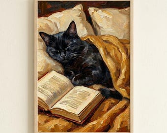 Sleeping Black Cat Poster Book Lover Gift Impressionist Painting Cozy Cabin Decor Wall Art Unframed Print