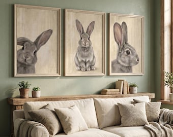 Set of 3 Rabbit Wall Art Prints Vintage Bunny Poster Rustic Nursery Decor Living Room Unframed Art Print Gallery Wall Gift For Her