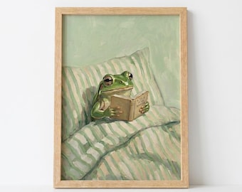 Frog Reading Book Poster Cottagecore Wall Art Impressionist Animal Print Cozy Book Lover Gift Unframed