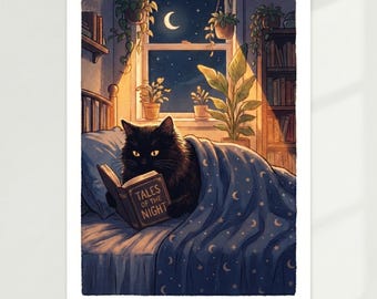 Black Cat Reading Book Poster Cozy Night Wall Art Whimsical Bedroom Decor Book Lover Gift Unframed Print Magical Aesthetic