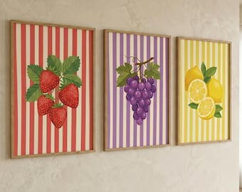 Set of 3 Retro Fruit Poster Prints Kitchen Decor Strawberry Grape Lemon Wall Art Unframed