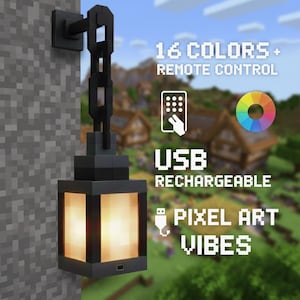 May include: A black pixel art lantern with a warm glow, hanging from a wall bracket and chain. The lantern has a USB charging port and is advertised with 16 colors and remote control. The text "Pixel Art Vibes" is also visible.