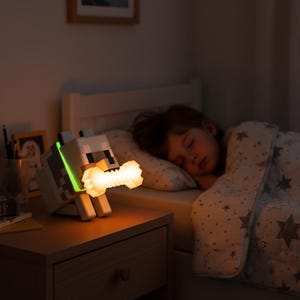 May include: A Minecraft-themed night light shaped like a dog, holding a glowing bone. The light is white with black accents and a green glow. It sits on a wooden nightstand next to a bed with a sleeping child.