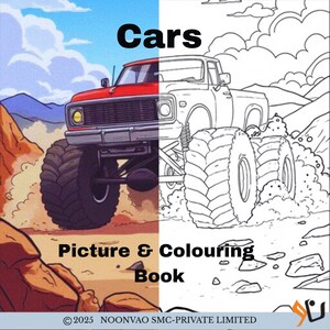 Puede incluir: Una portada de libro para colorear dividida en dos, con la palabra "Cars" en la parte superior. El lado izquierdo muestra un camión monstruo rojo, mientras que el lado derecho es un contorno en blanco y negro de un camión similar. El texto "Picture & Colouring Book" está en la parte inferior.