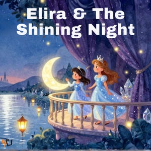 May include: Illustration of two young girls in blue dresses and tiaras on a balcony overlooking a moonlit lake. The image has the text "Elira & The Shining Night" at the top. The scene is set at night with a crescent moon and sparkling lights.